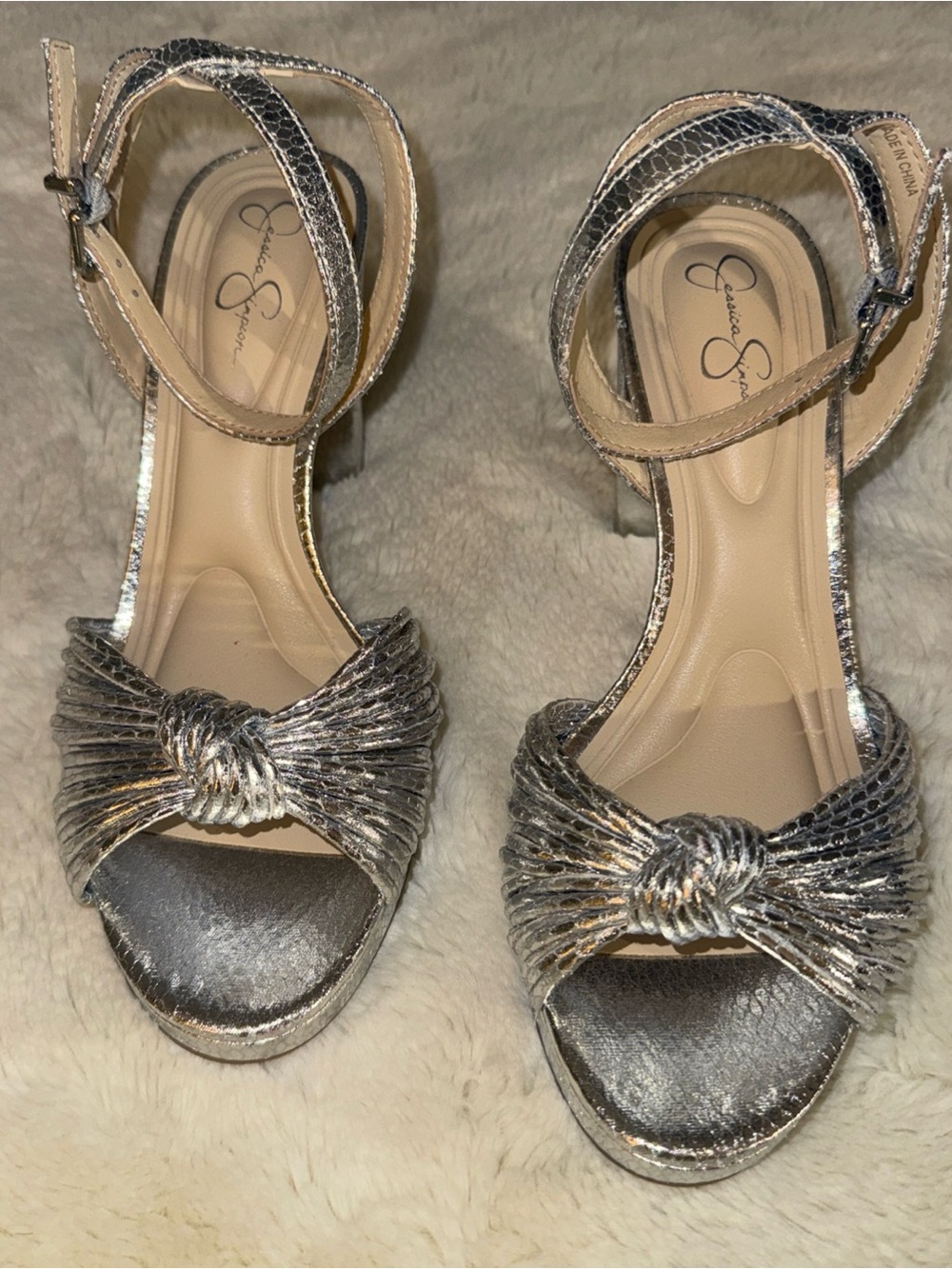Jessica Simpson Metallic Silver Knotted Ankle-Strap Heels